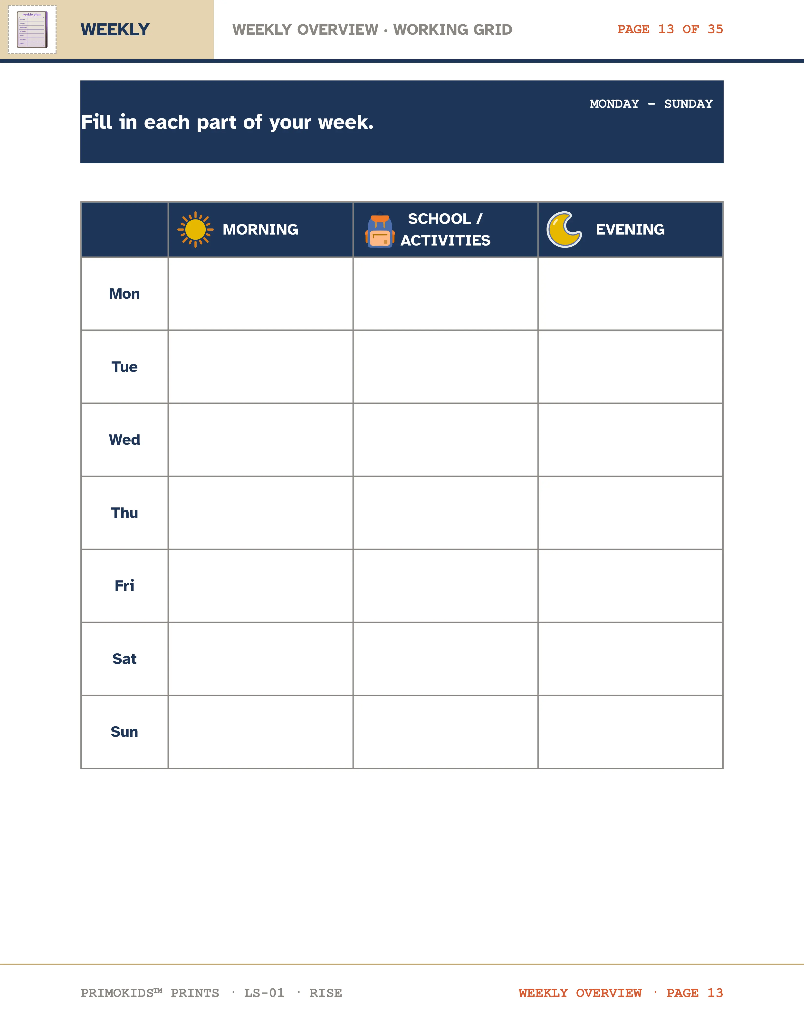 Rise Edition — Weekly overview, 7-day vertical grid
