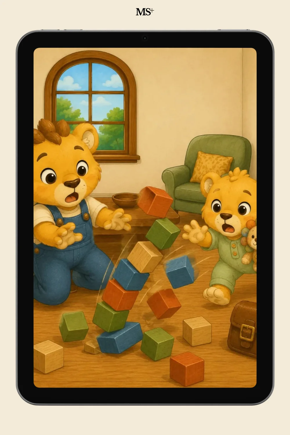 Primo beside his block tower, a teaser image for Primo's Big Feelings