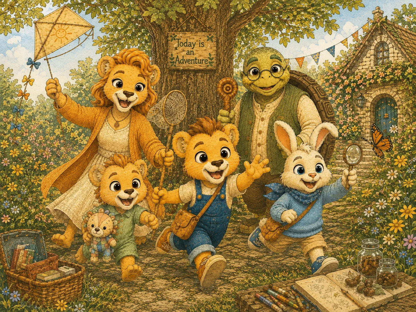 Primo with the recurring cast of the storybook series, an introduction to the collection